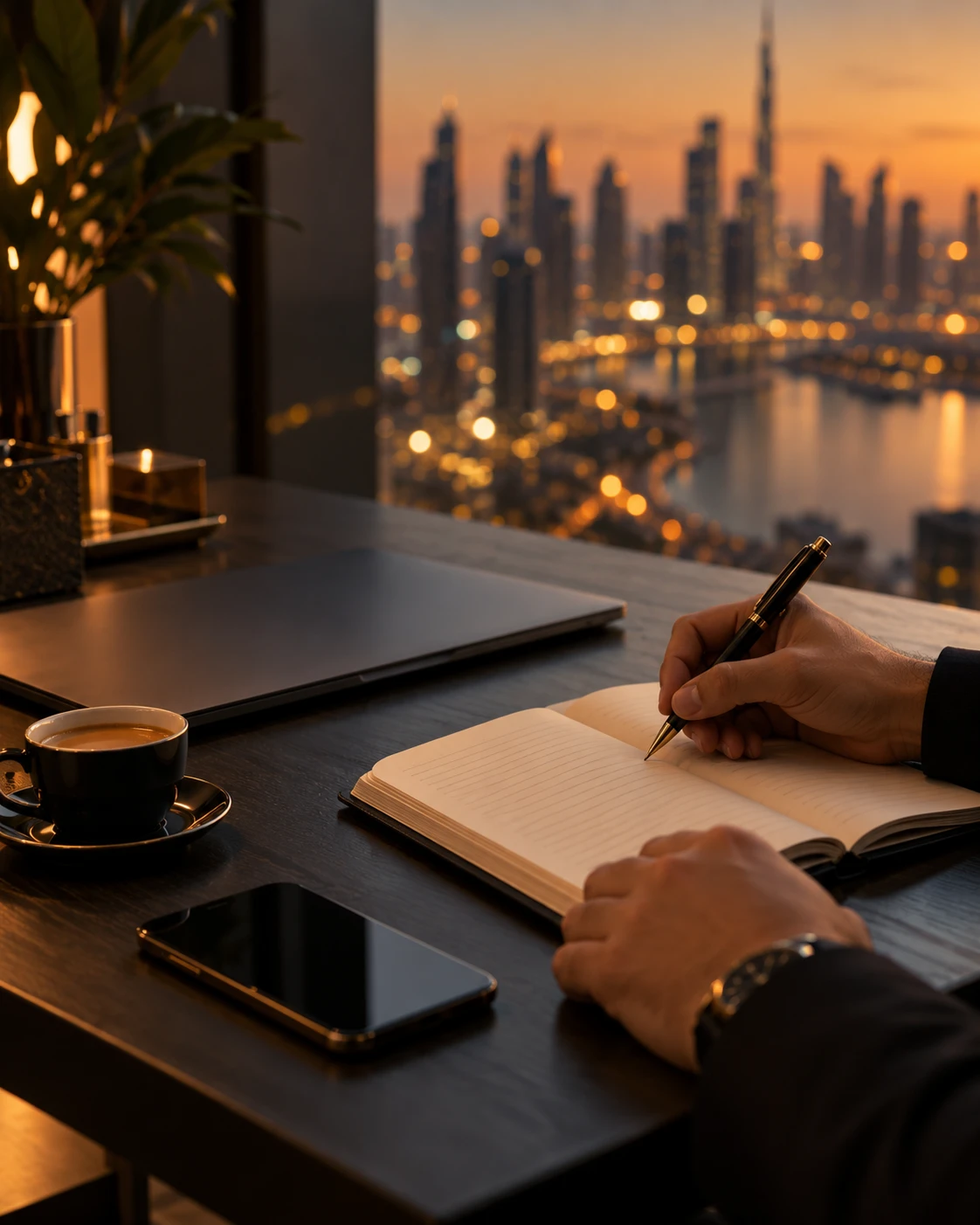 A notebook, laptop, phone and coffee cup on a desk in the evening
