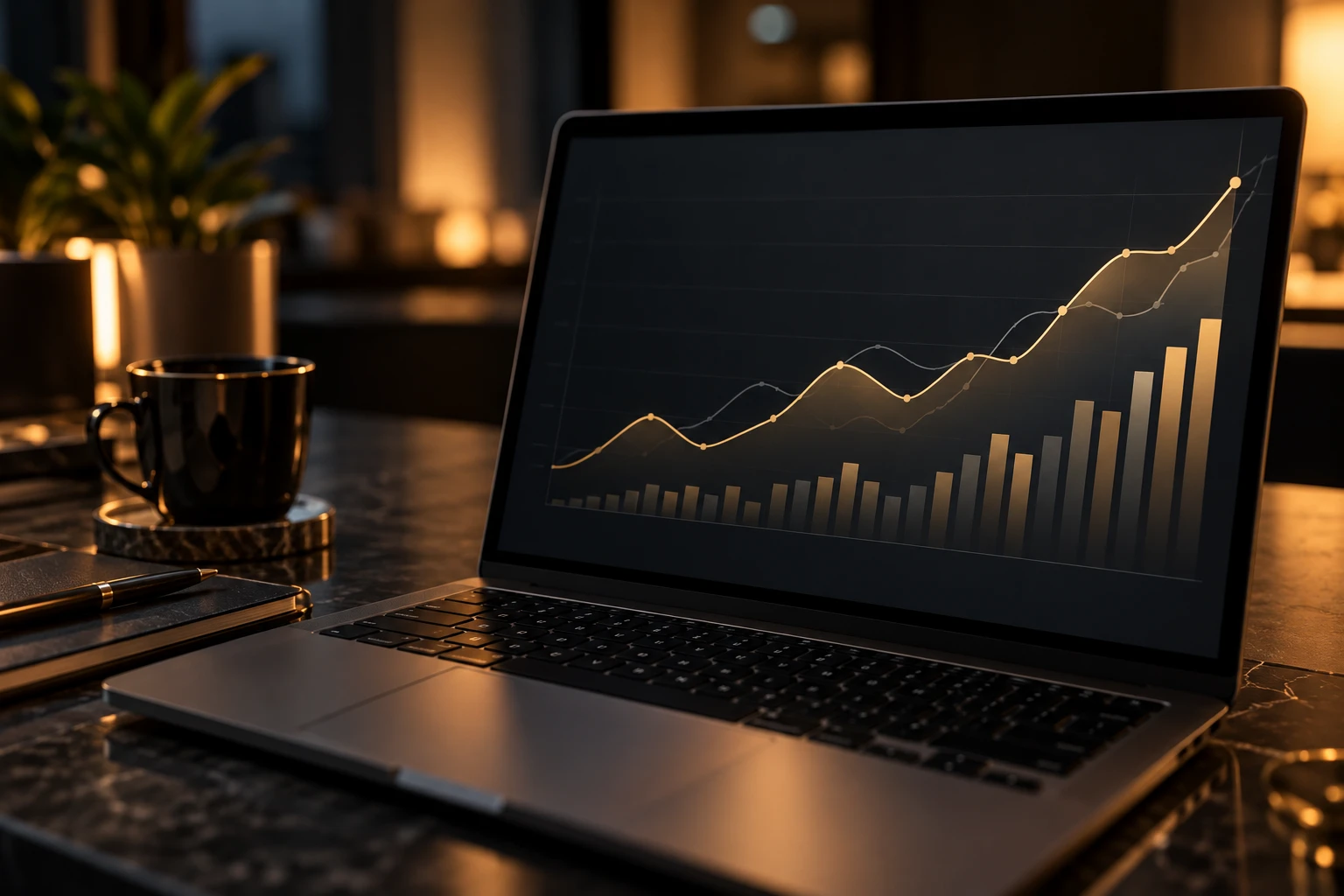 A laptop showing an abstract line and bar chart